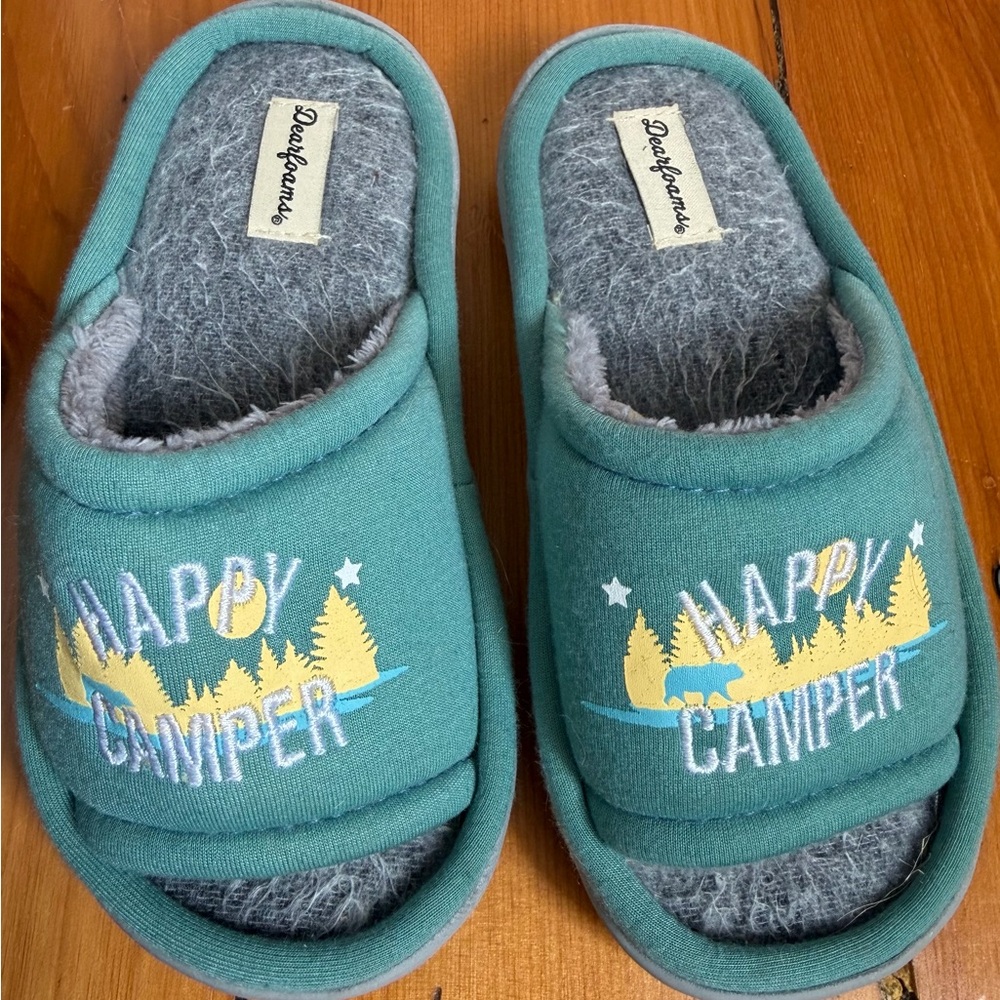 Kids Dearfoams Teal Slip-On 'Happy Camper' Slide Slippers with Gray Lining